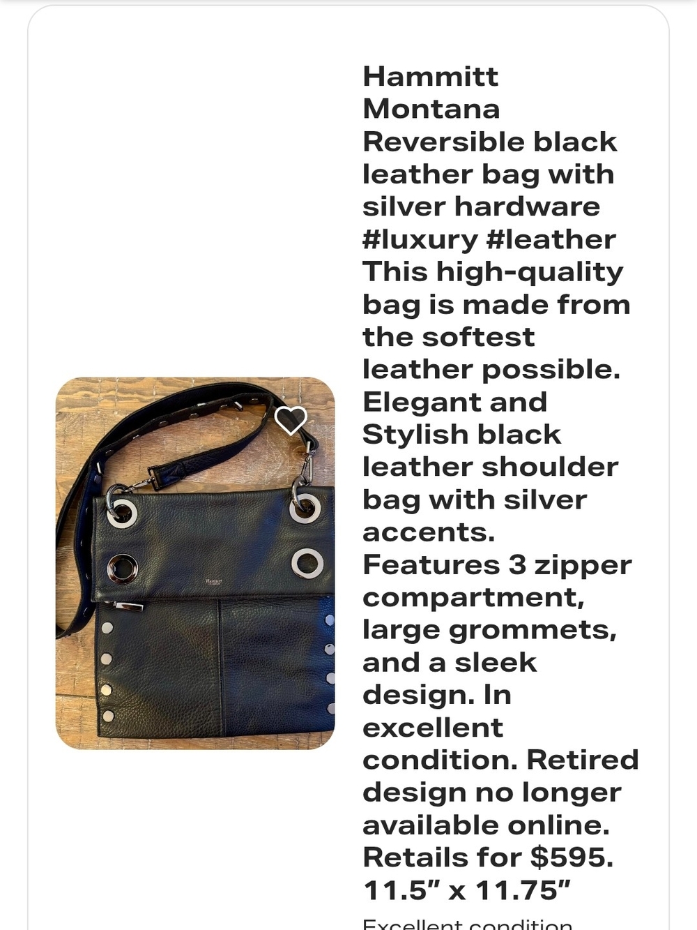 Hammitt Black Leather Messenger Bag with Silver Hardware and Grommets